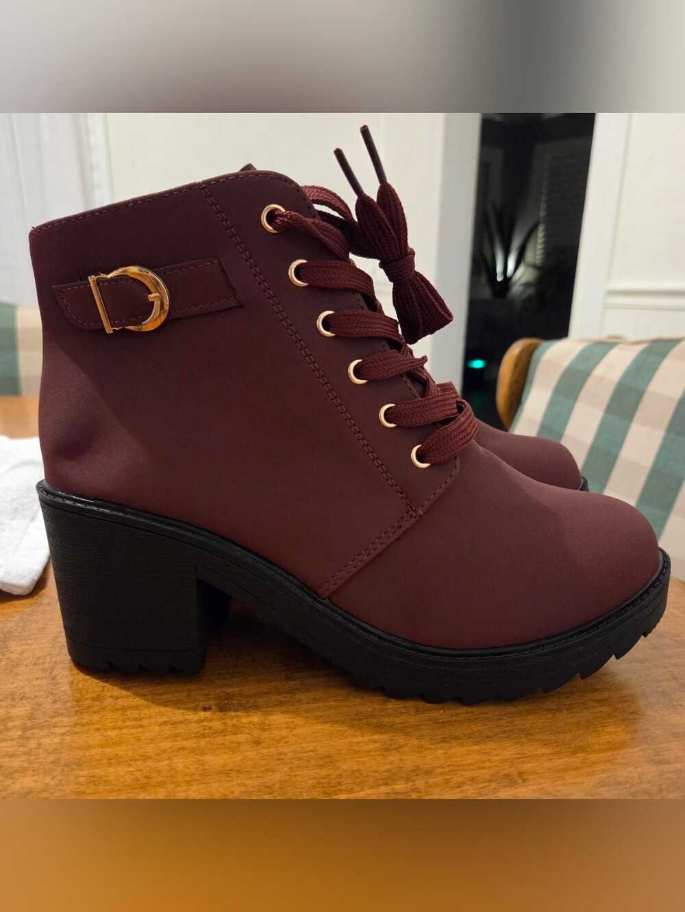 Burgundy Lace-Up Block Heel Ankle Boots with Gold Buckle